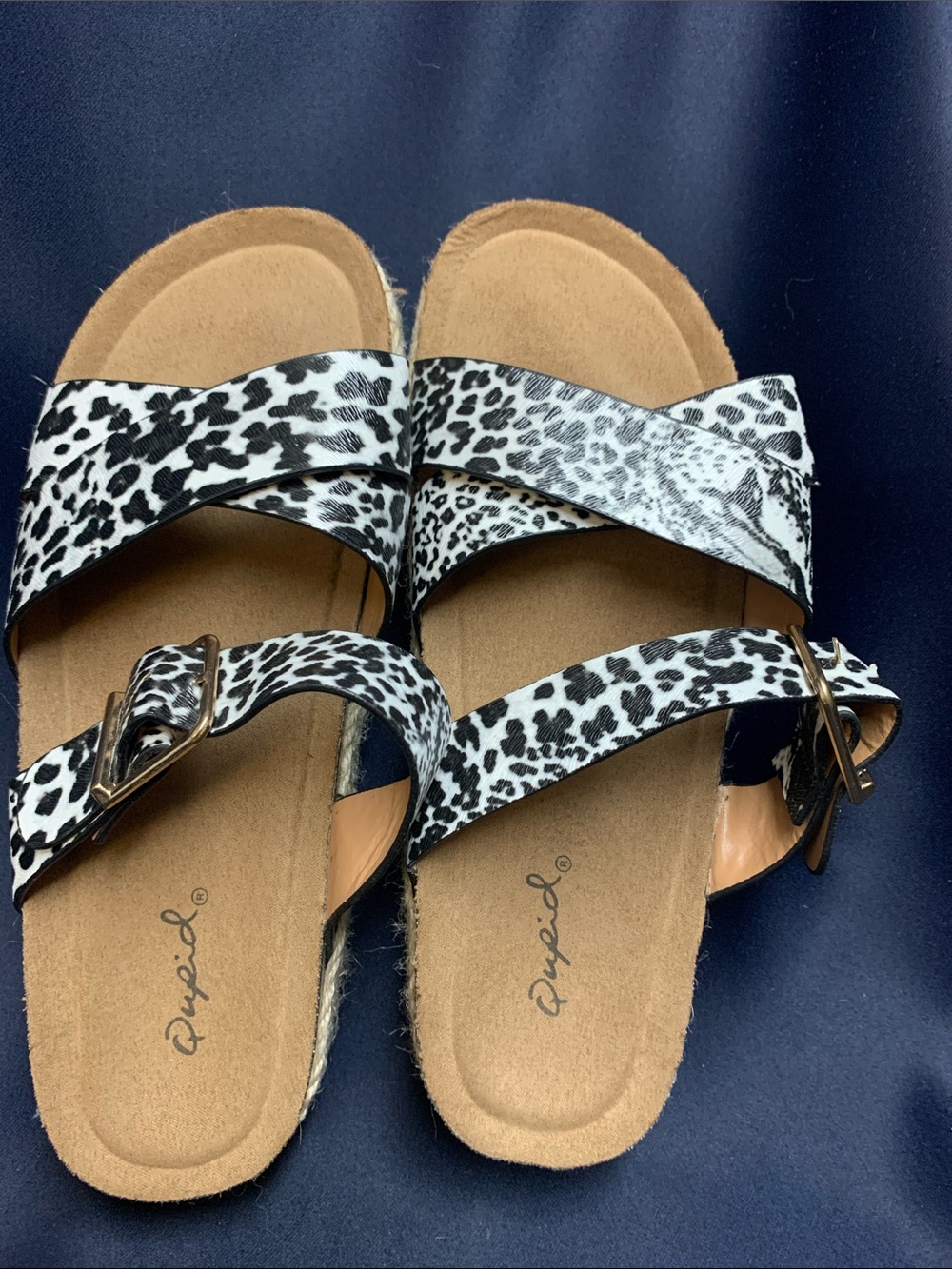 Qupid Black & White Leopard Print Buckle Slide Sandals
